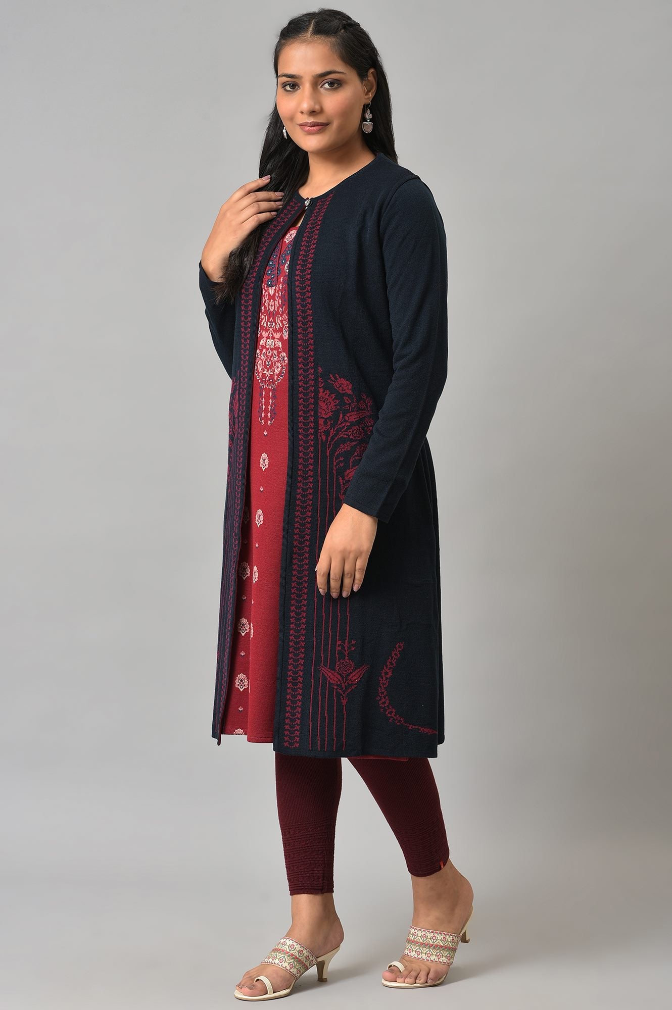 Blue And Red Floral Printed Reversible Cardigan