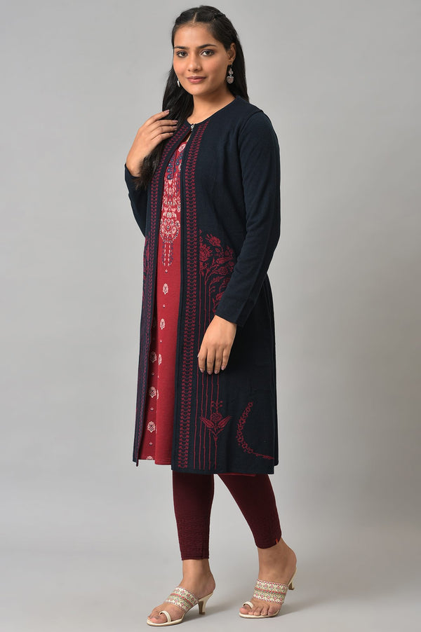 Blue And Red Floral Printed Reversible Cardigan