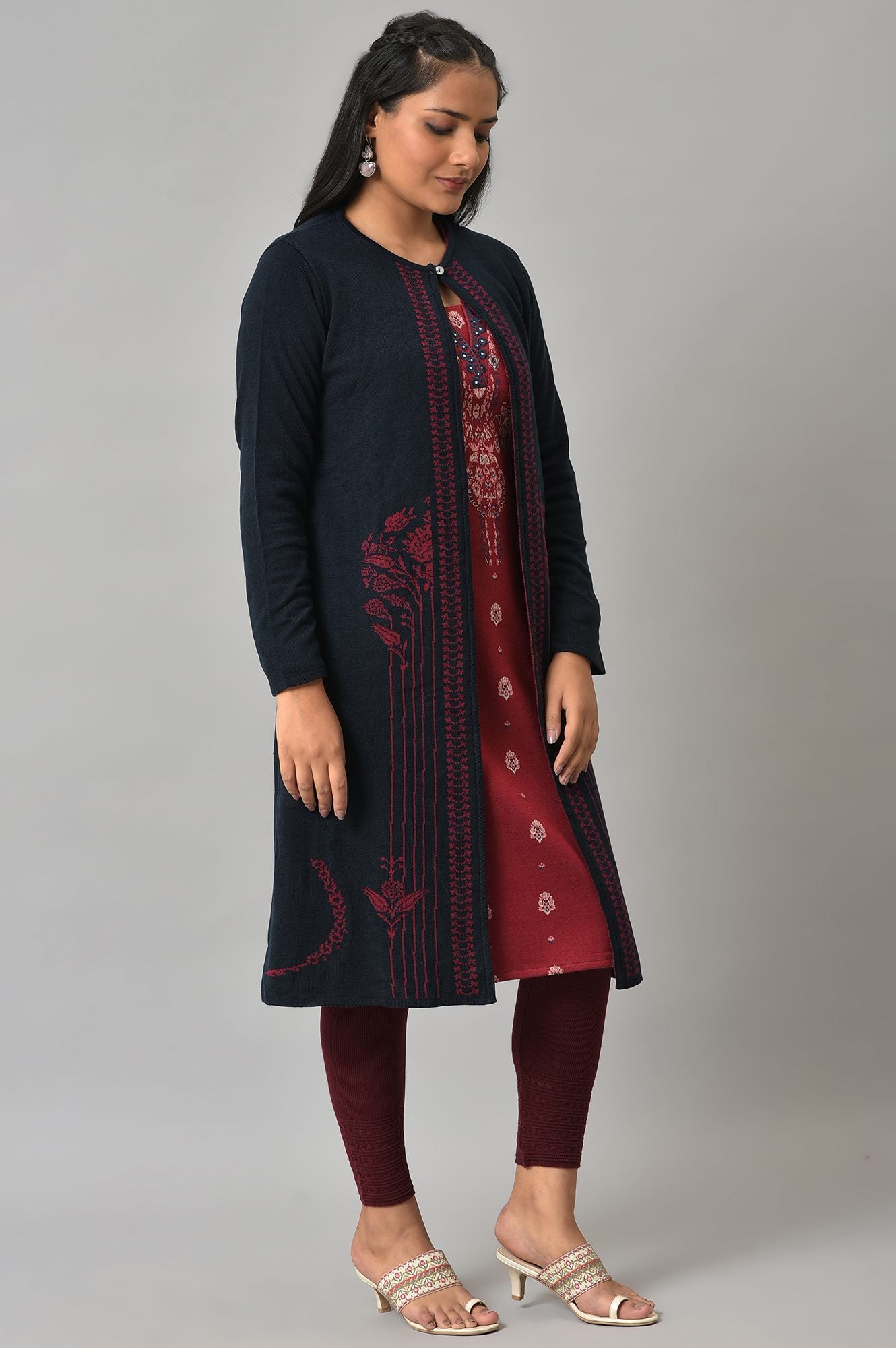 Blue And Red Floral Printed Reversible Cardigan