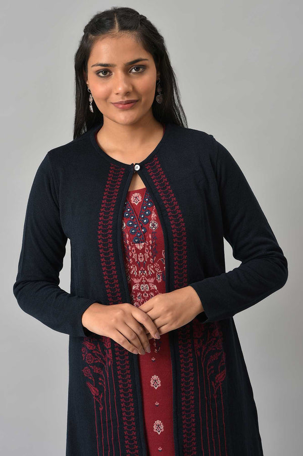 Blue And Red Floral Printed Reversible Cardigan