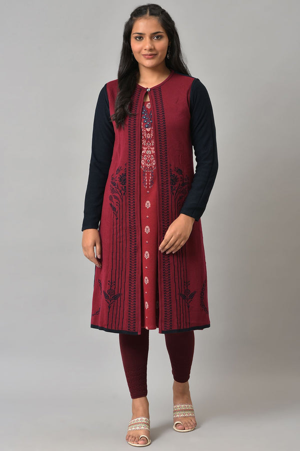 Blue And Red Floral Printed Reversible Cardigan