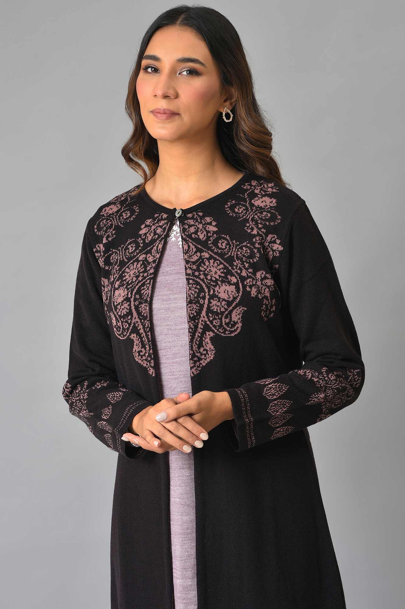 Deep Brown And Pink Reversible Winter Cardigan