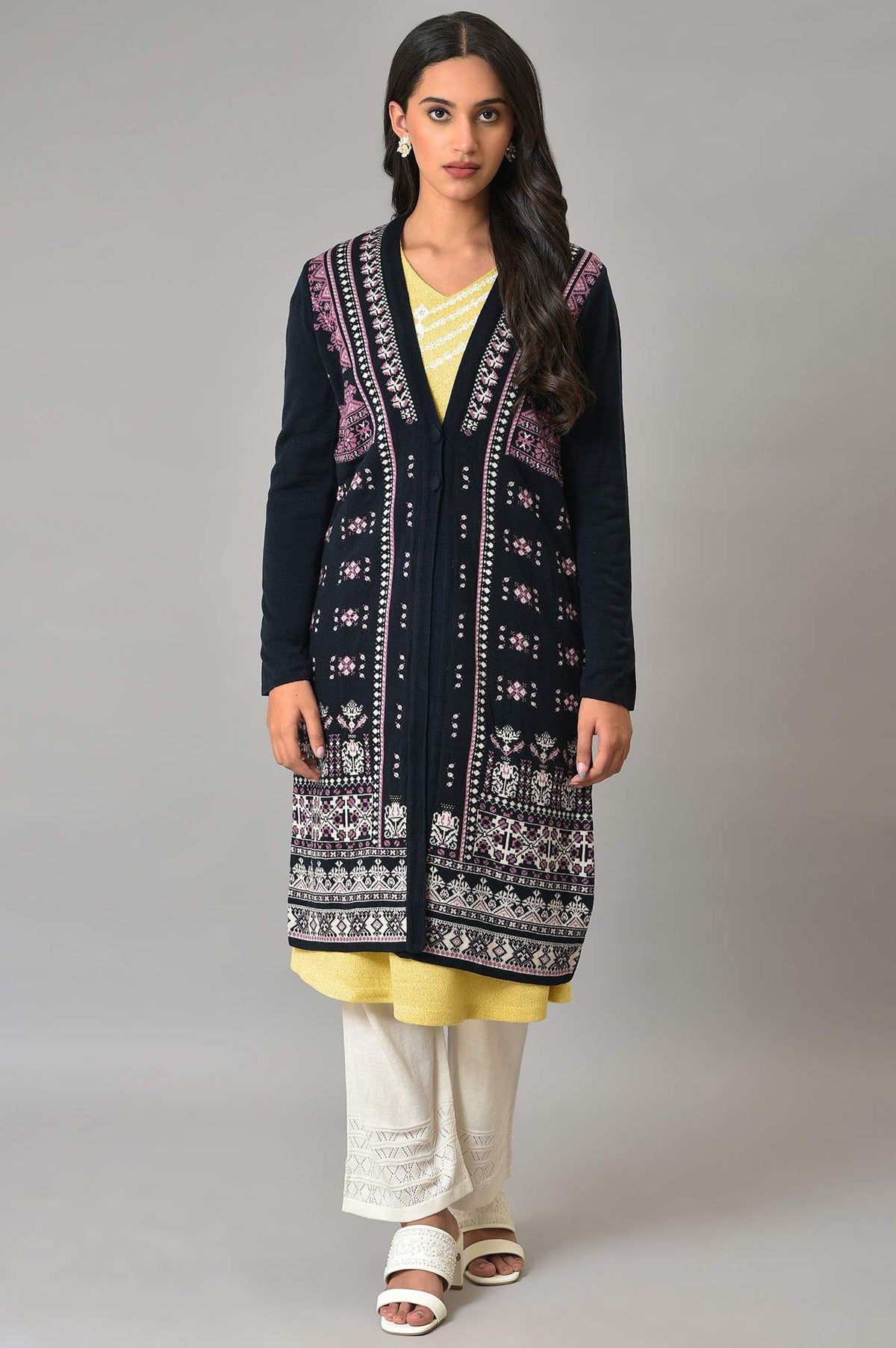 Dark Blue Printed Women Cardigan - L