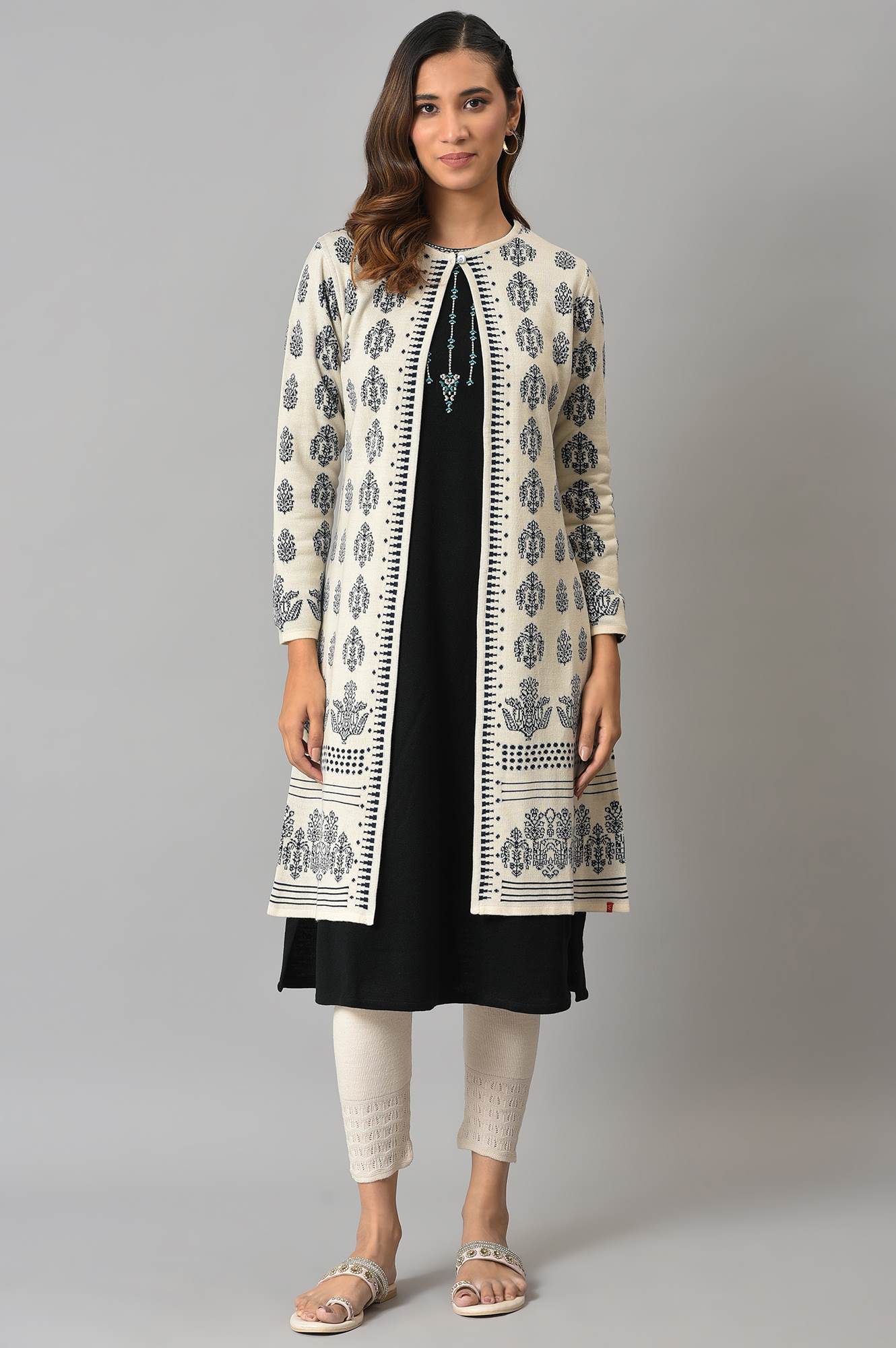 Ecru Floral Printed Reversible Cardigan