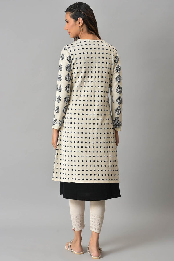 Ecru Floral Printed Reversible Cardigan