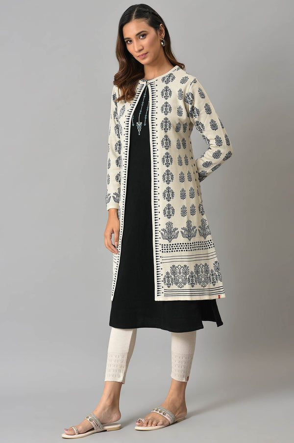 Ecru Floral Printed Reversible Cardigan