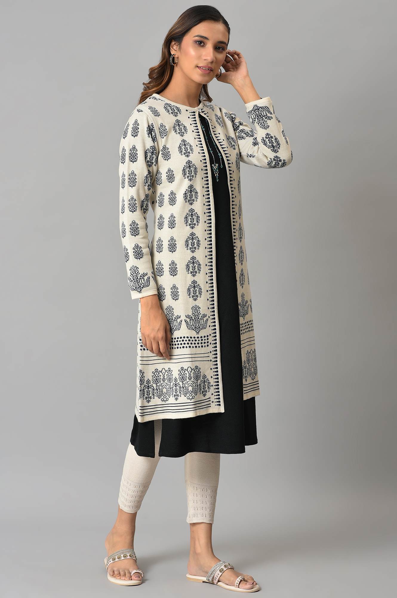 Ecru Floral Printed Reversible Cardigan