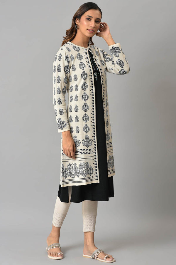 Ecru Floral Printed Reversible Cardigan