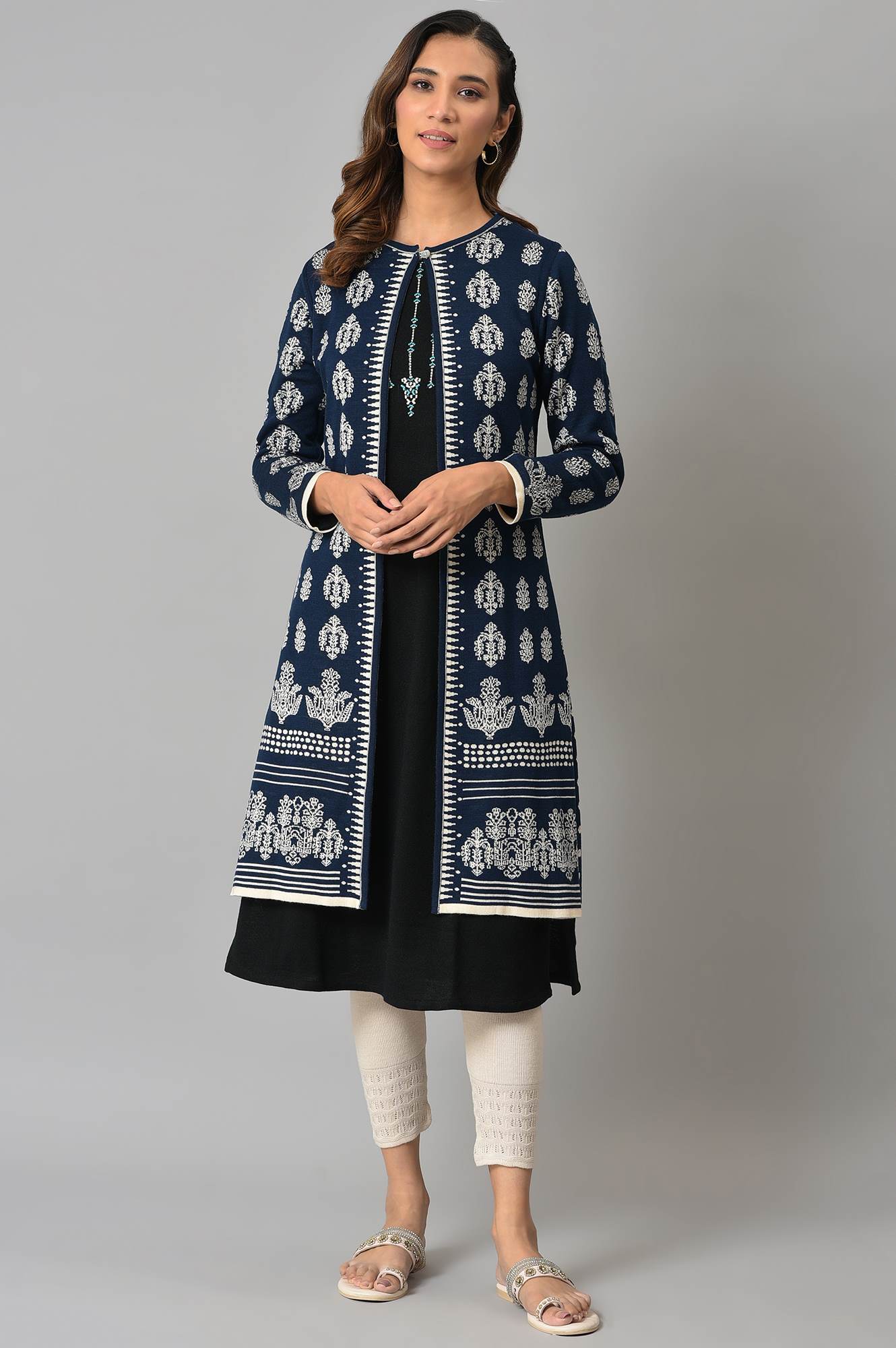 Ecru Floral Printed Reversible Cardigan