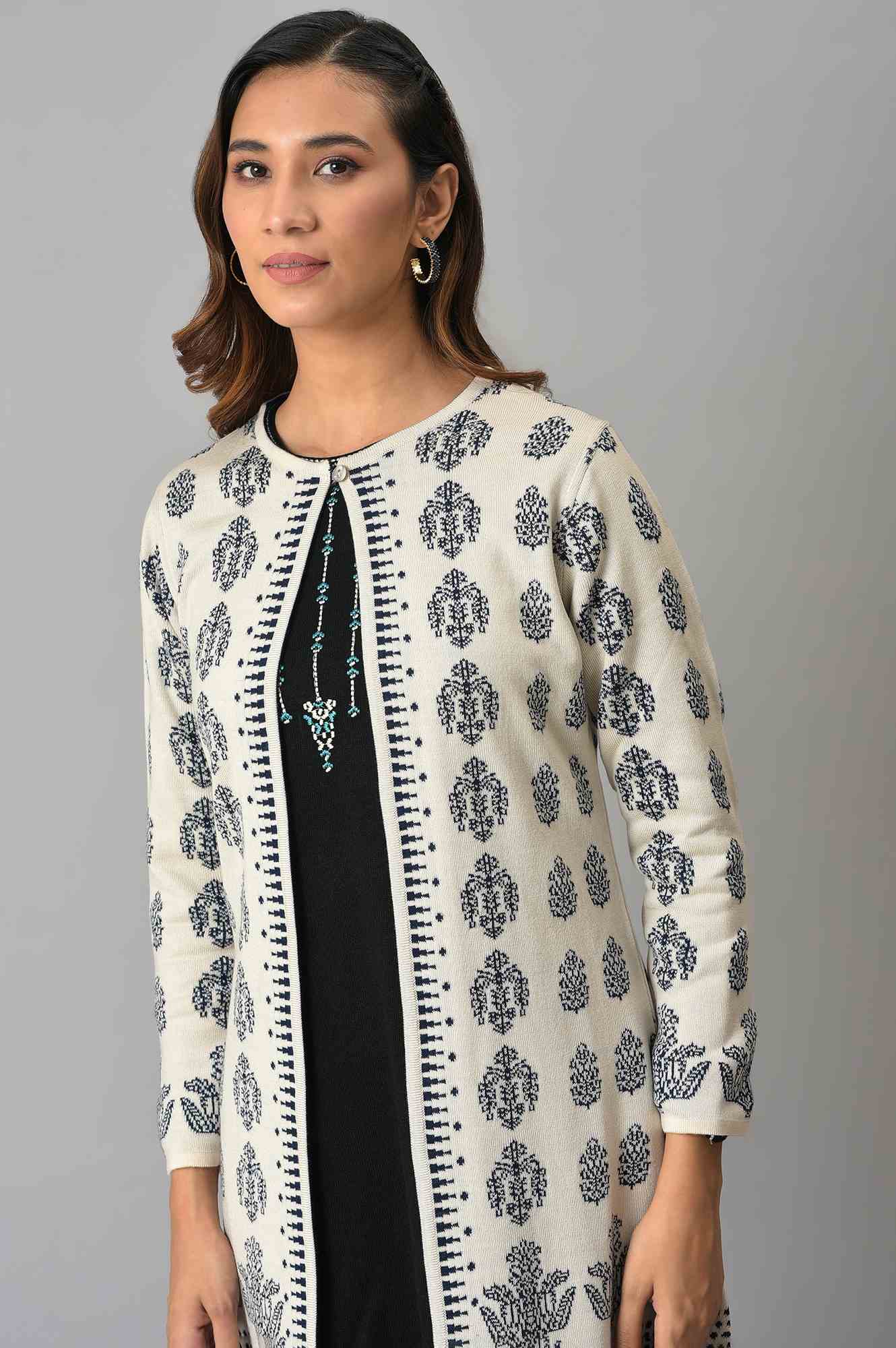 Ecru Floral Printed Reversible Cardigan