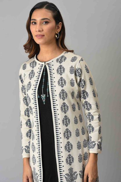 Ecru Floral Printed Reversible Cardigan