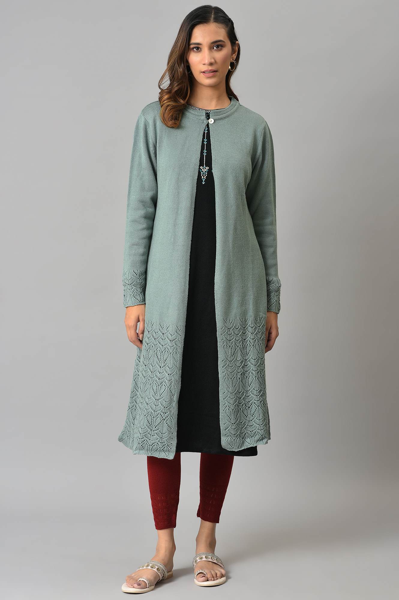 Blue Front Open Self Knitted Women Cardigan