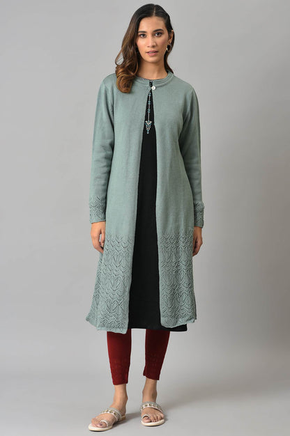 Blue Front Open Self Knitted Women Cardigan