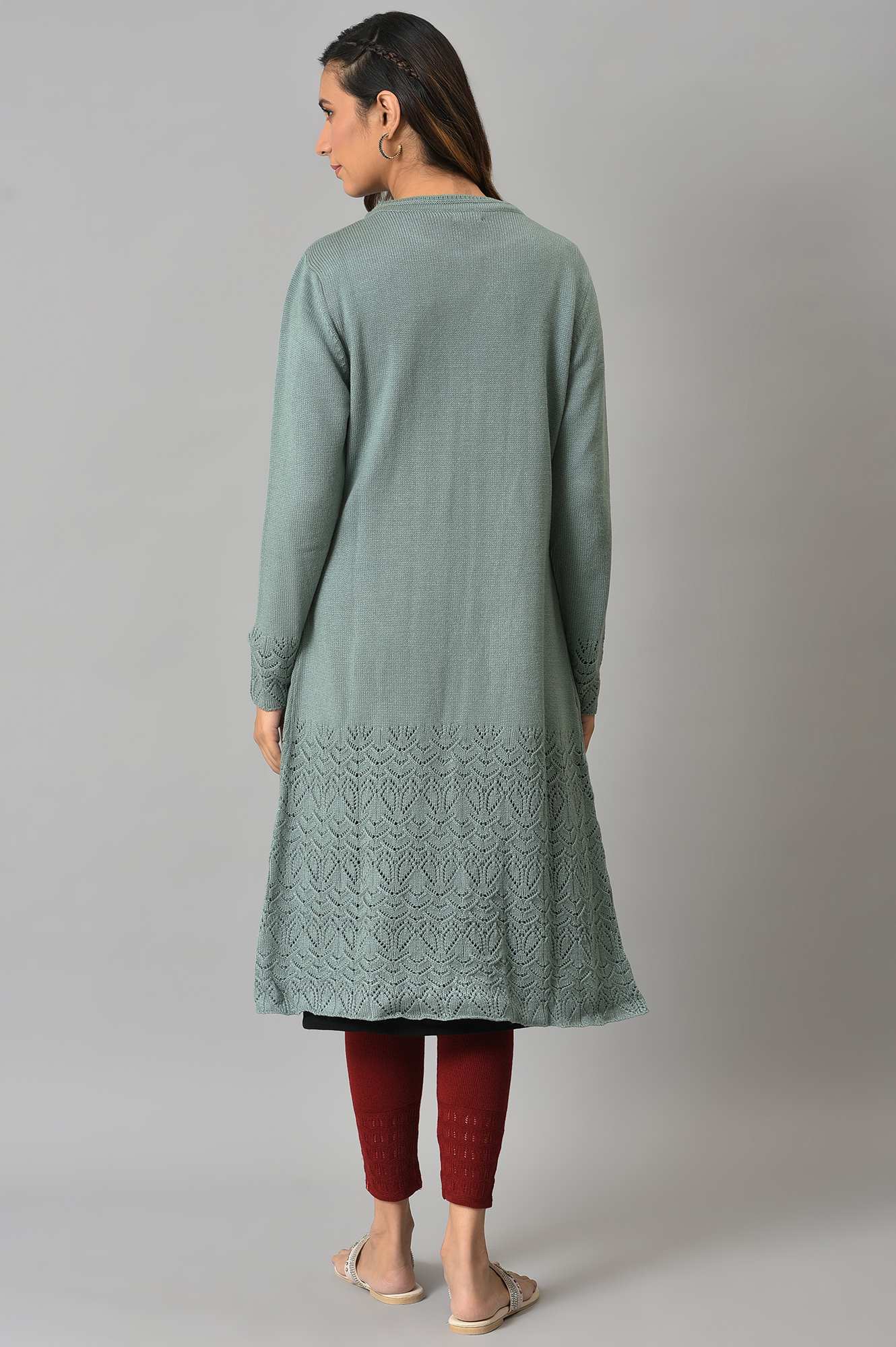 Blue Front Open Self Knitted Women Cardigan