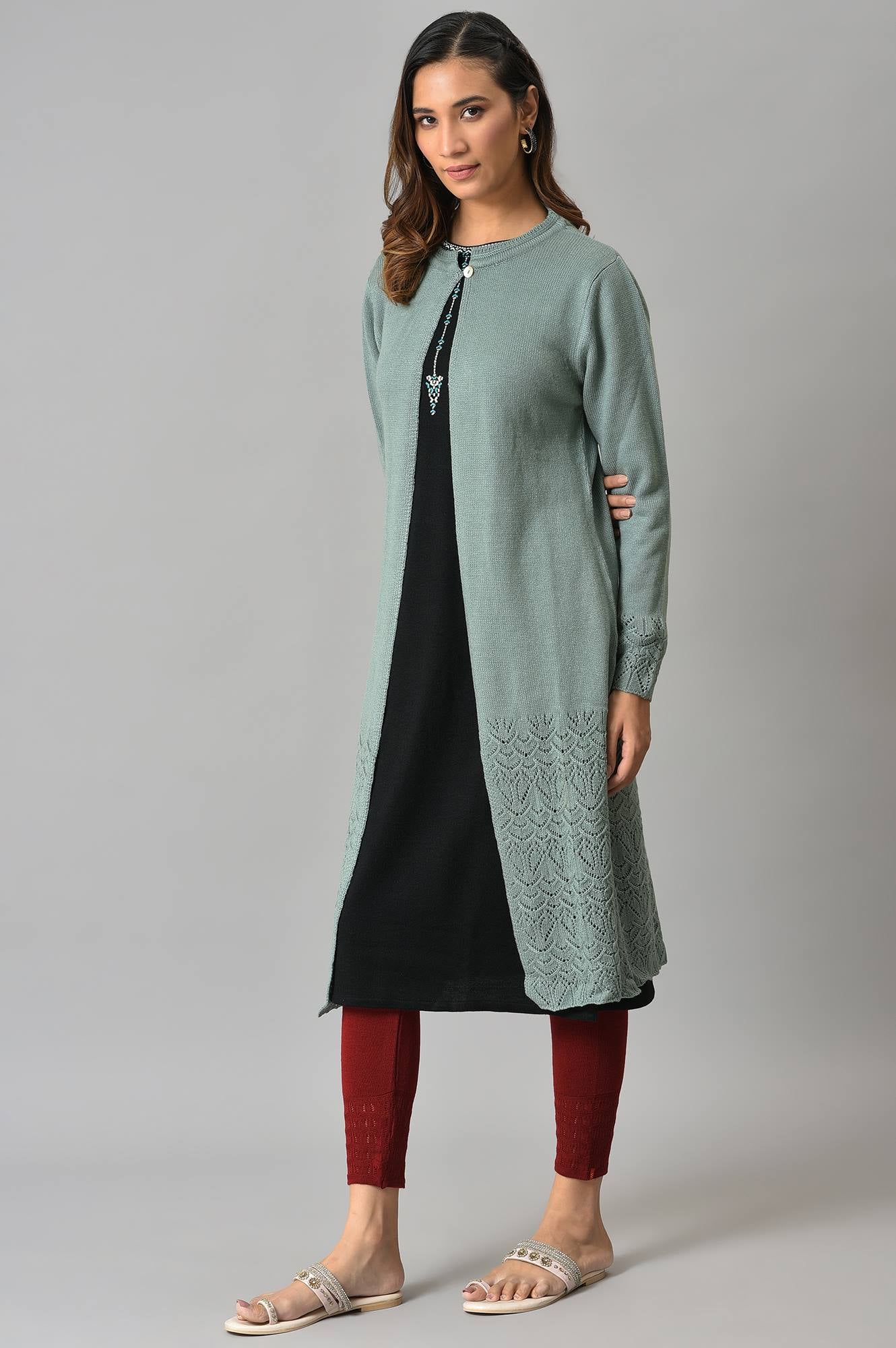 Blue Front Open Self Knitted Women Cardigan