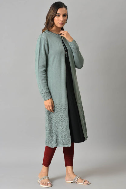 Blue Front Open Self Knitted Women Cardigan