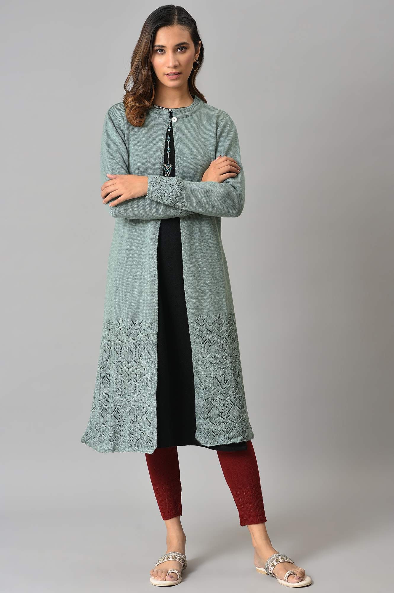 Blue Front Open Self Knitted Women Cardigan