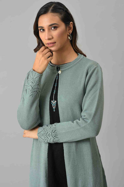Blue Front Open Self Knitted Women Cardigan