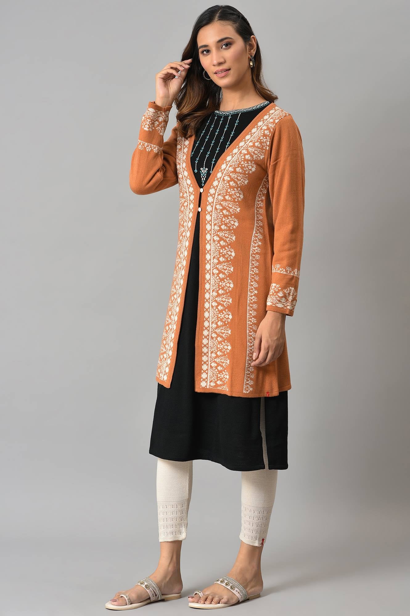 Orange Geometric Printed Reversible Cardigan