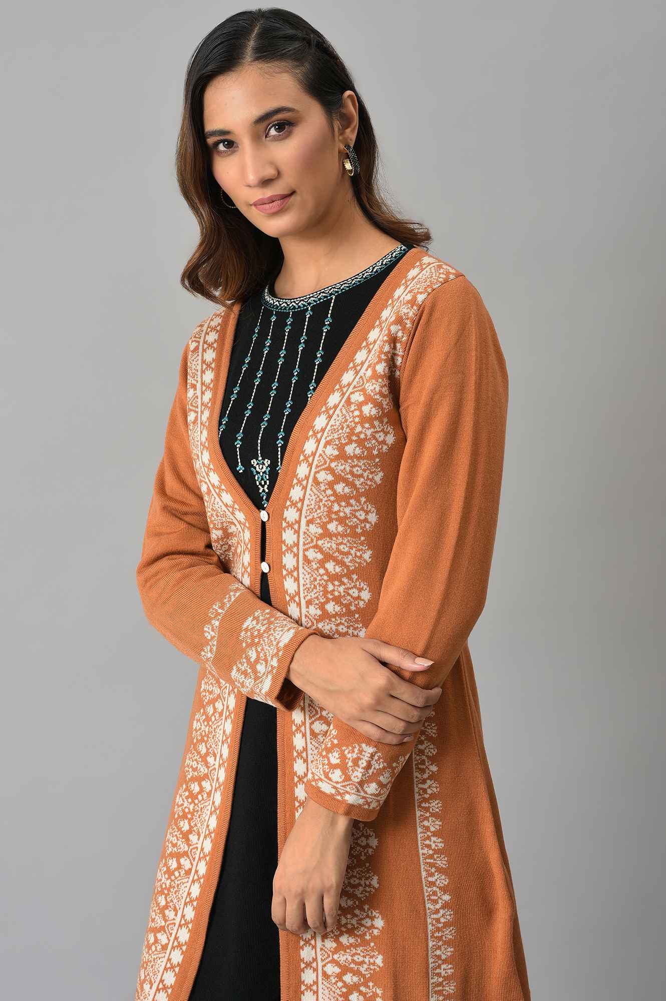 Orange Geometric Printed Reversible Cardigan