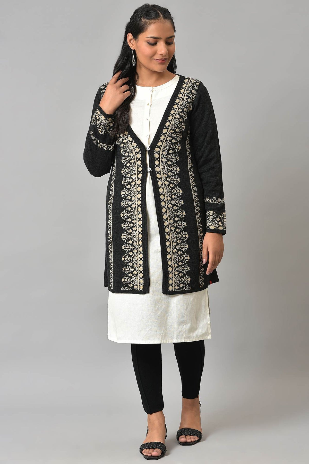 Black Reversible Jacquard Women Cardigan - S