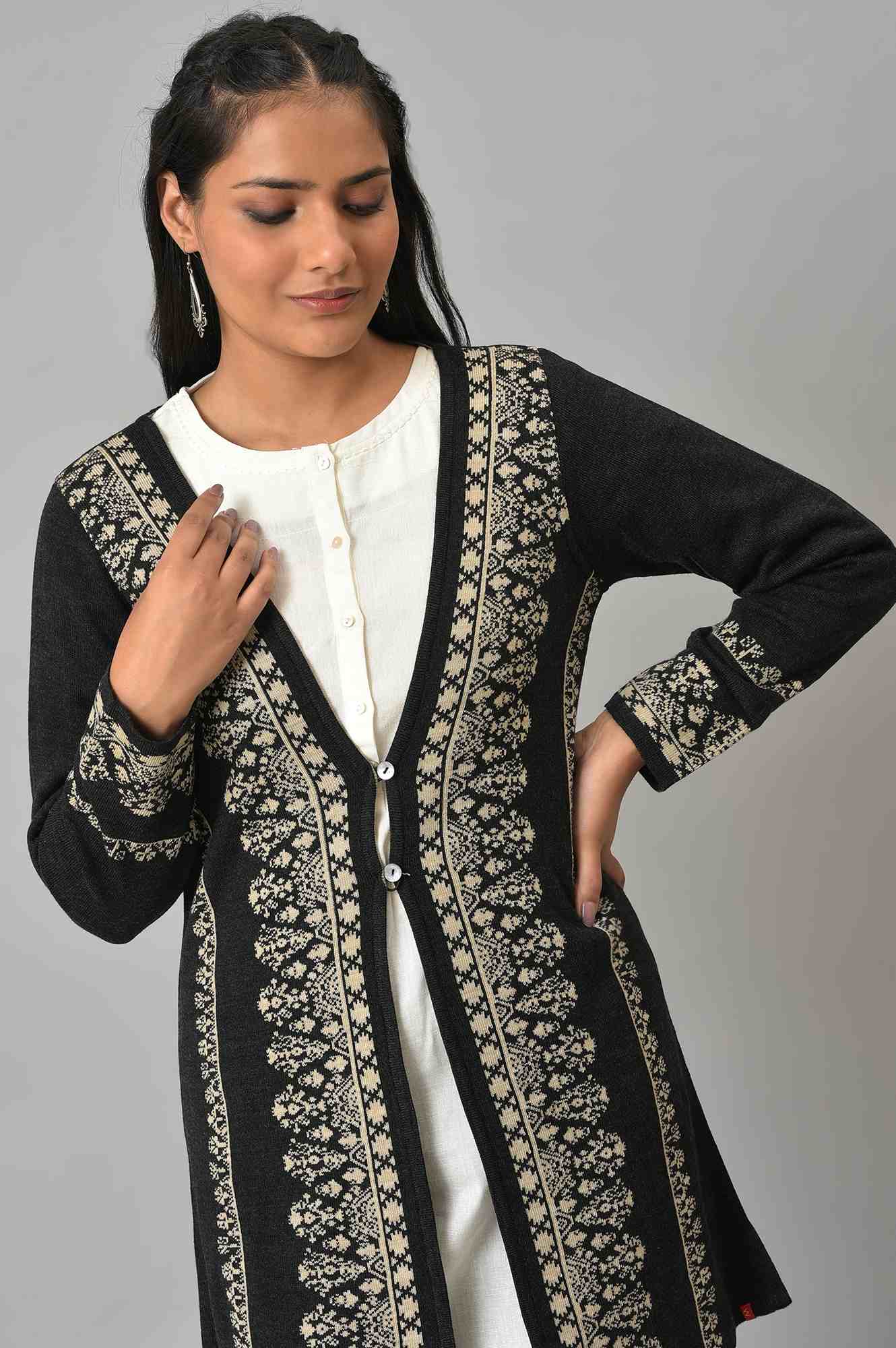 Black Reversible Jacquard Women Cardigan