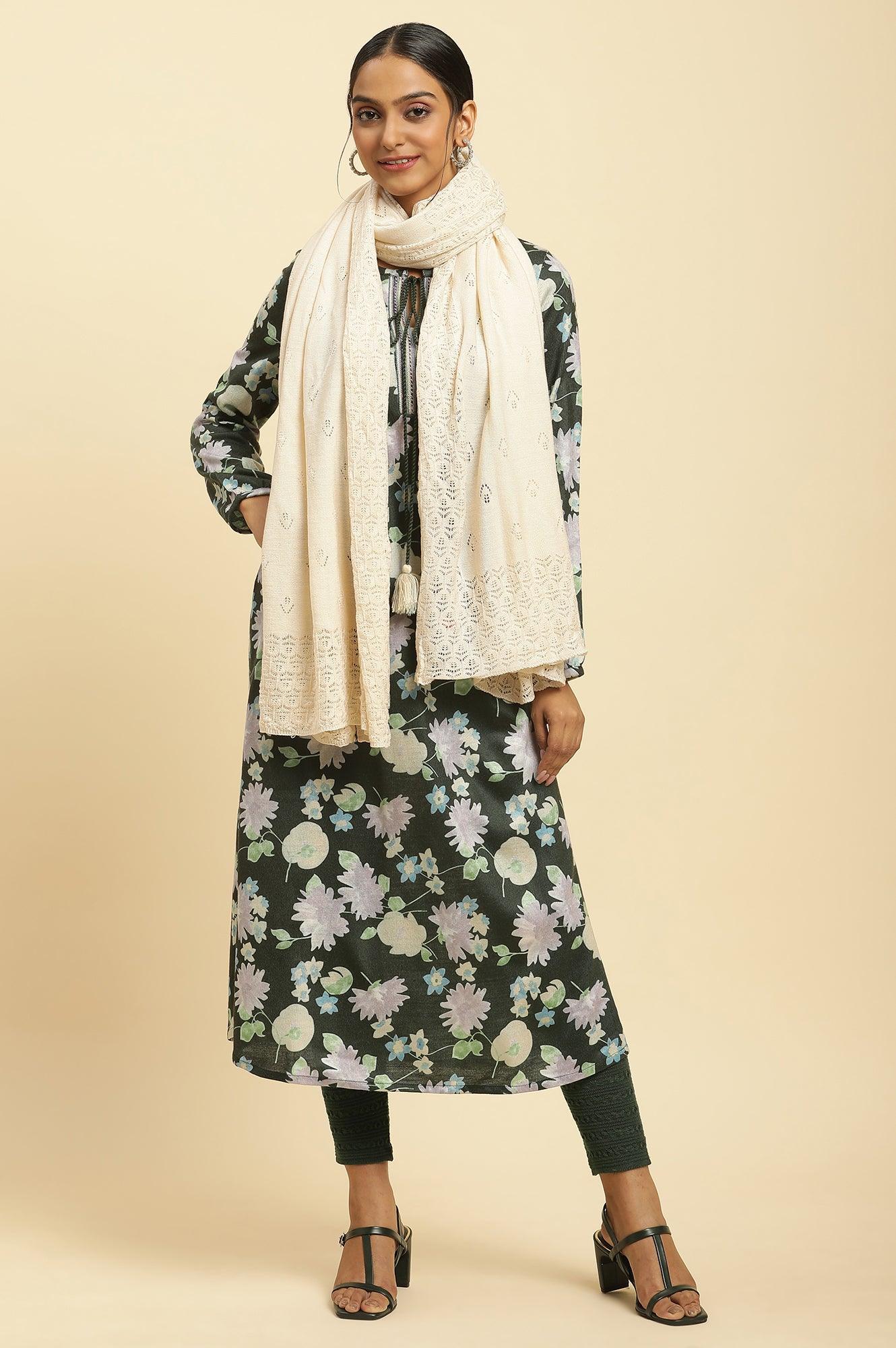 Ecru Self Knit Winter Stole - wforwoman