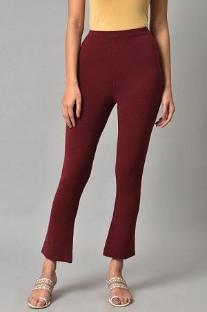 Dark Red Solid Knitted Flared Pants - S