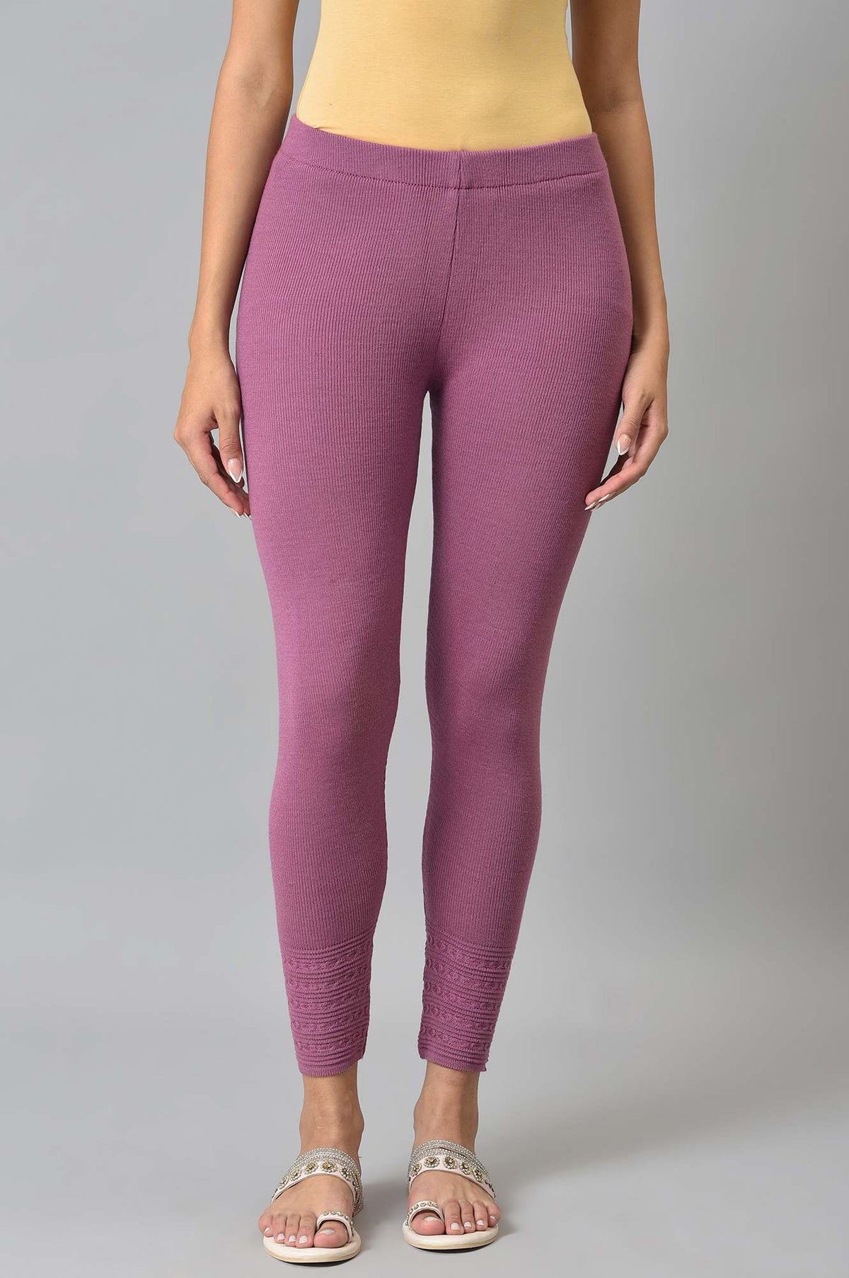 Purple Knitted Winter Leggings With Pintuck - S