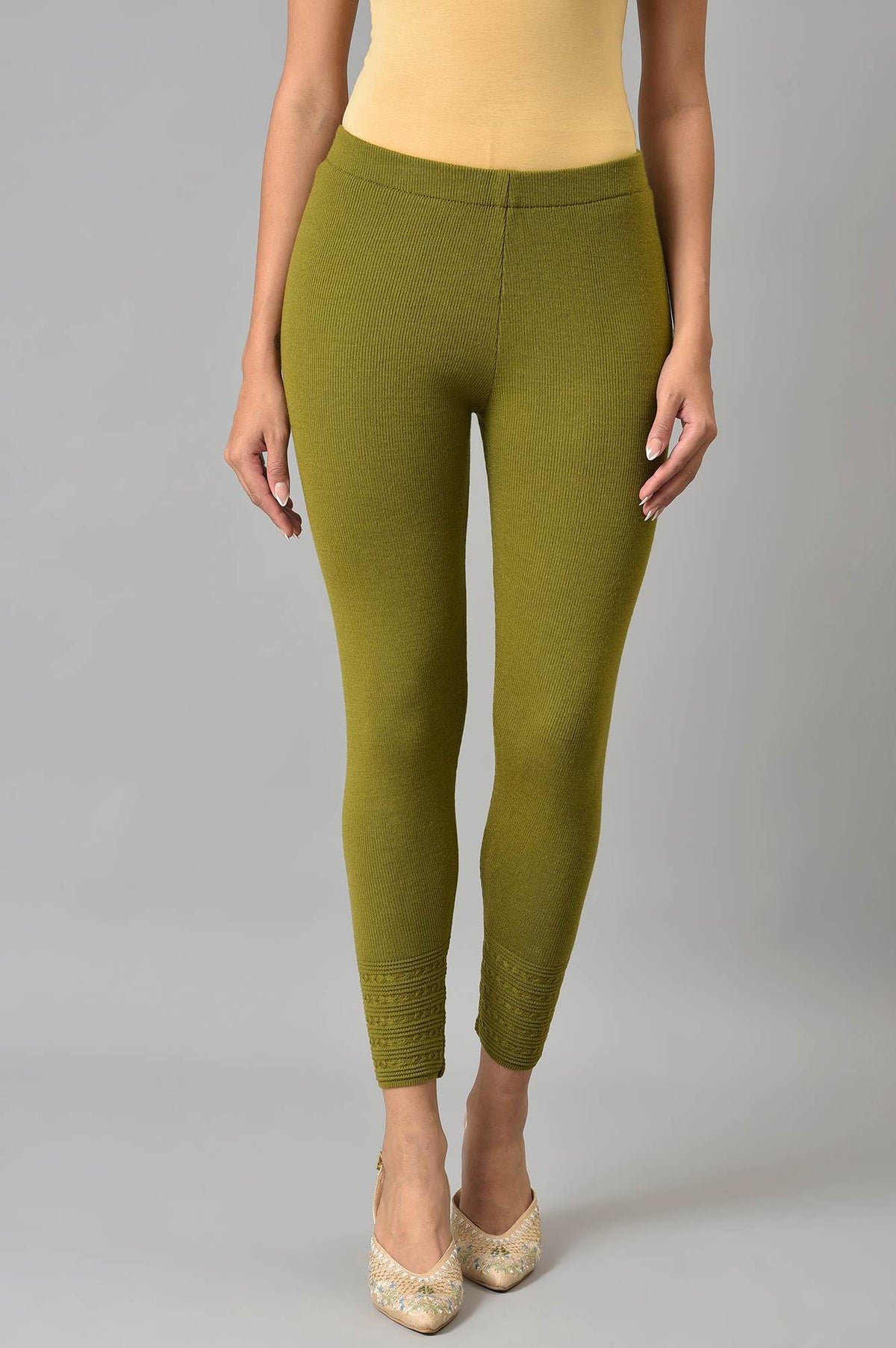 Olive Knitted Winter Leggings With Pintucks - S