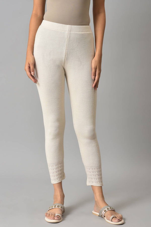 Off-White Solid Acrylic Mid Rise Ankle Length Skinny Fit Leggings