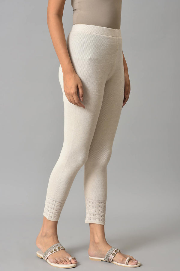 Off-White Solid Acrylic Mid Rise Ankle Length Skinny Fit Leggings