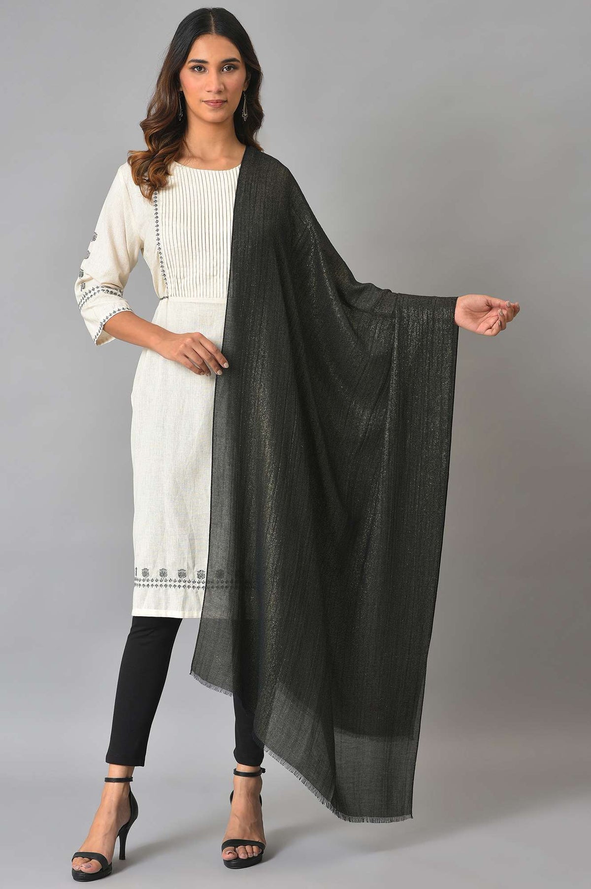 Jet Black Lurex Woven Shawl - FS