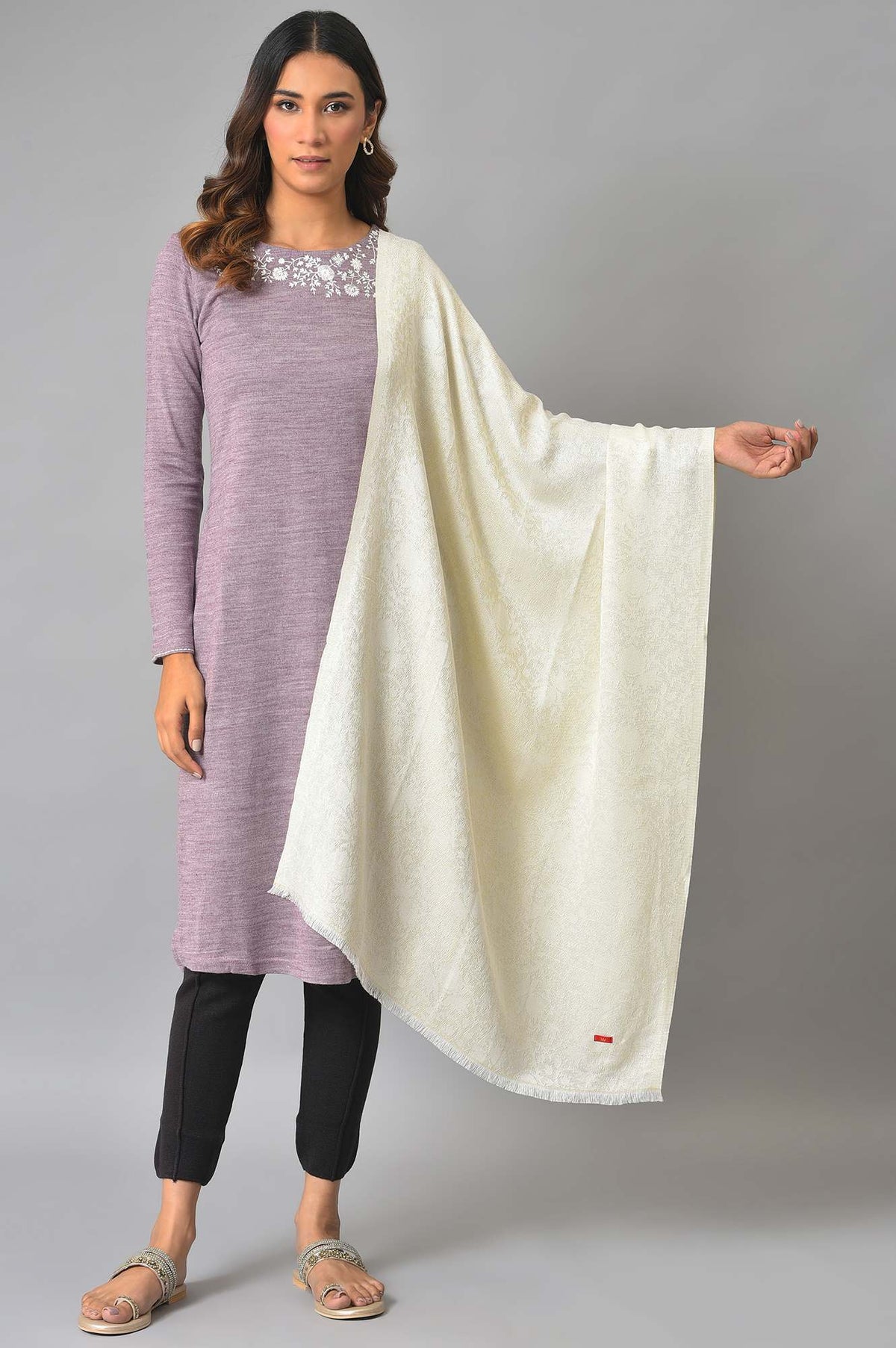 Ecru Jacquard Winter Shawl - FS