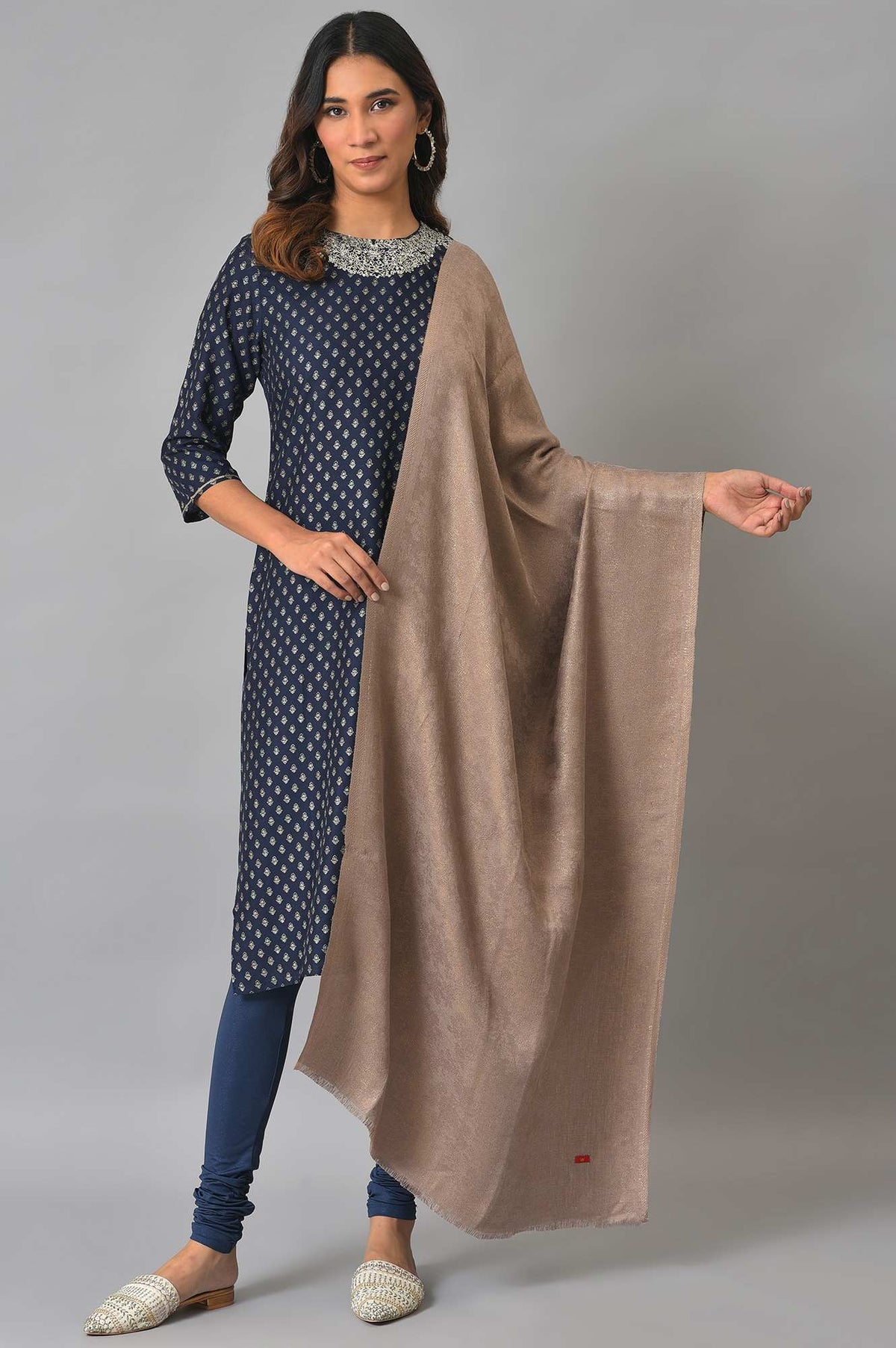 Light Brown Jacquard Winter Shawl - FS