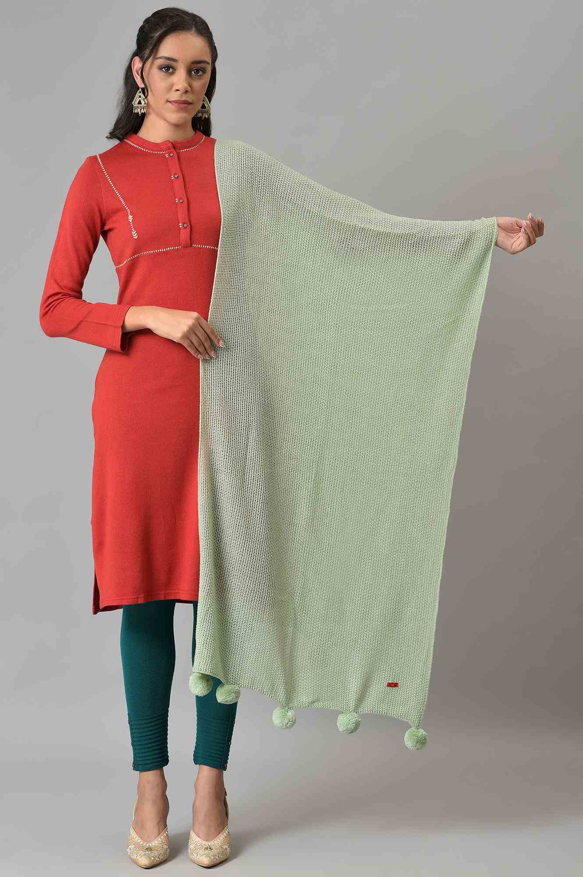 Green Knitted Pom Pom Shawl - FS