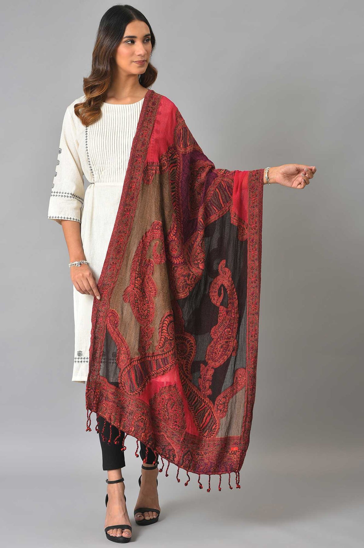 Red And Orange Jacquard Shawl - FS