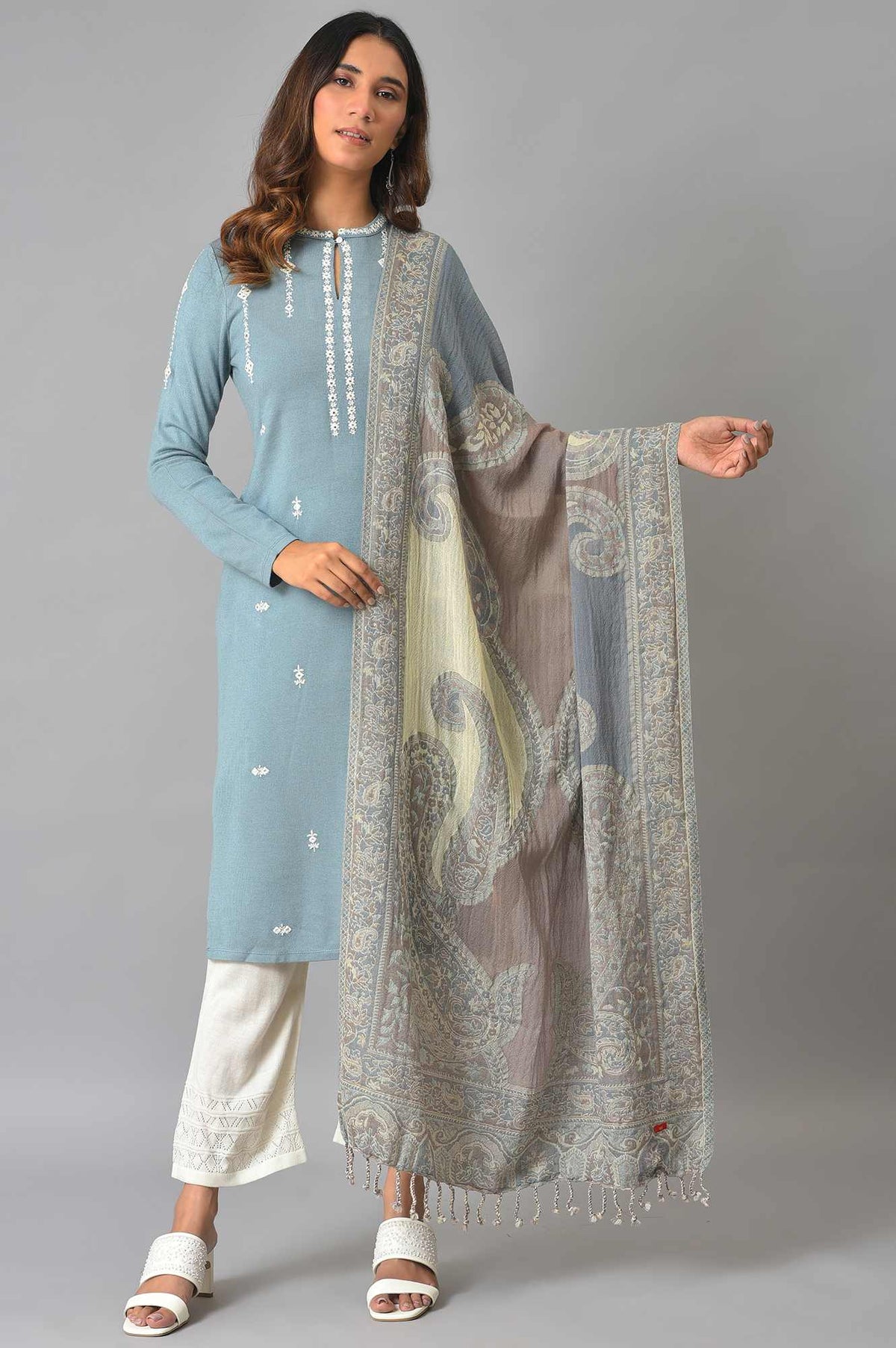 Light Blue And Grey Paisley Printed Women Winter Shawl - FS