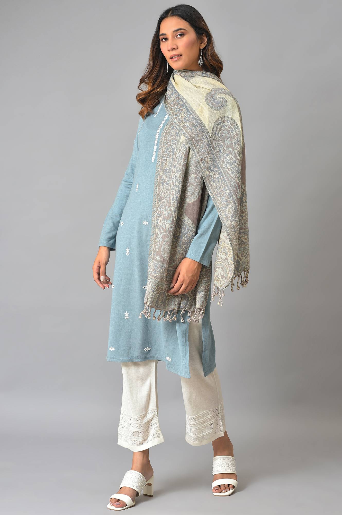 Light Blue And Grey Paisley Printed Women Winter Shawl