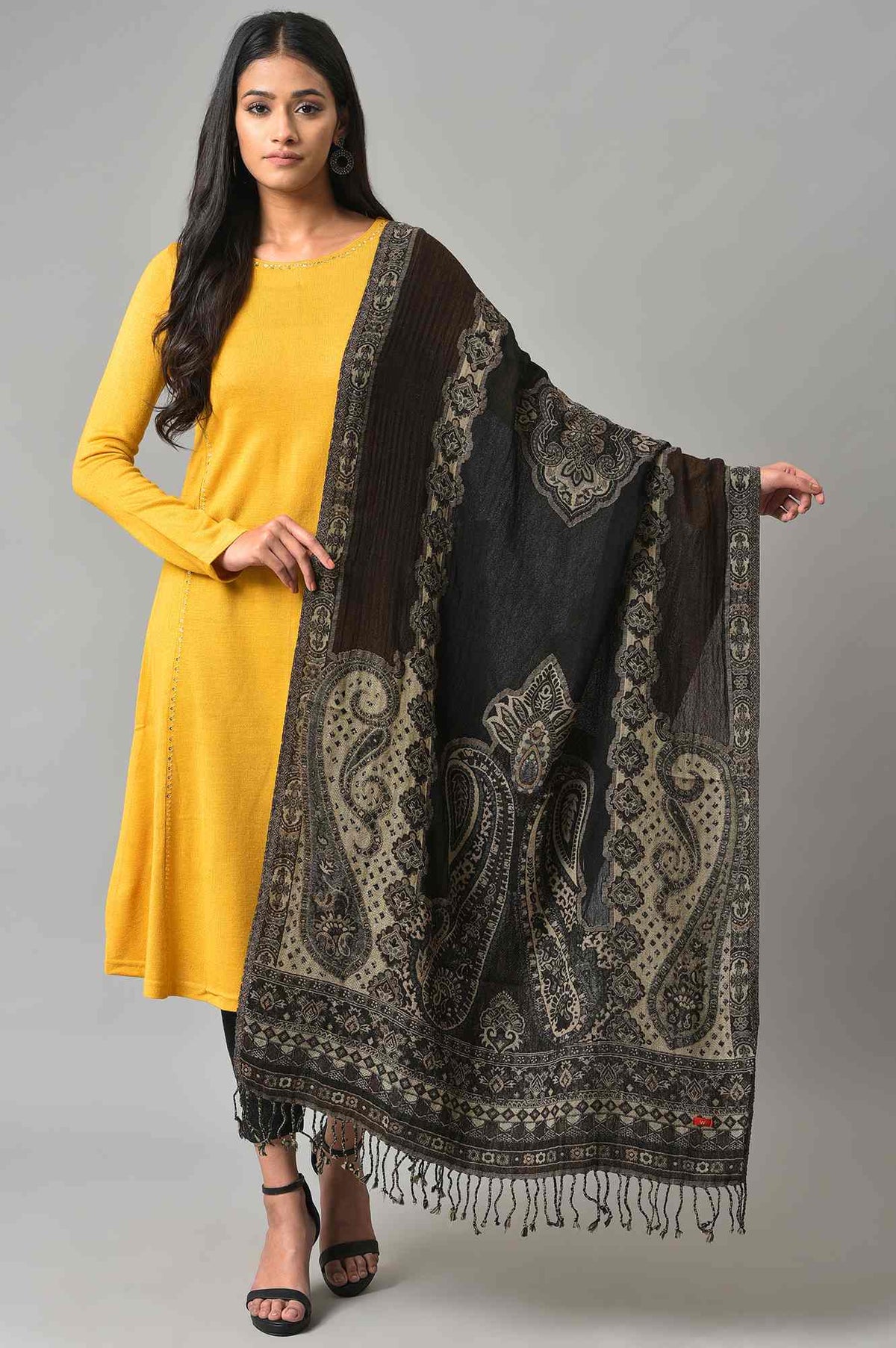 Black And Brown Paisley Printed Shawl - FS
