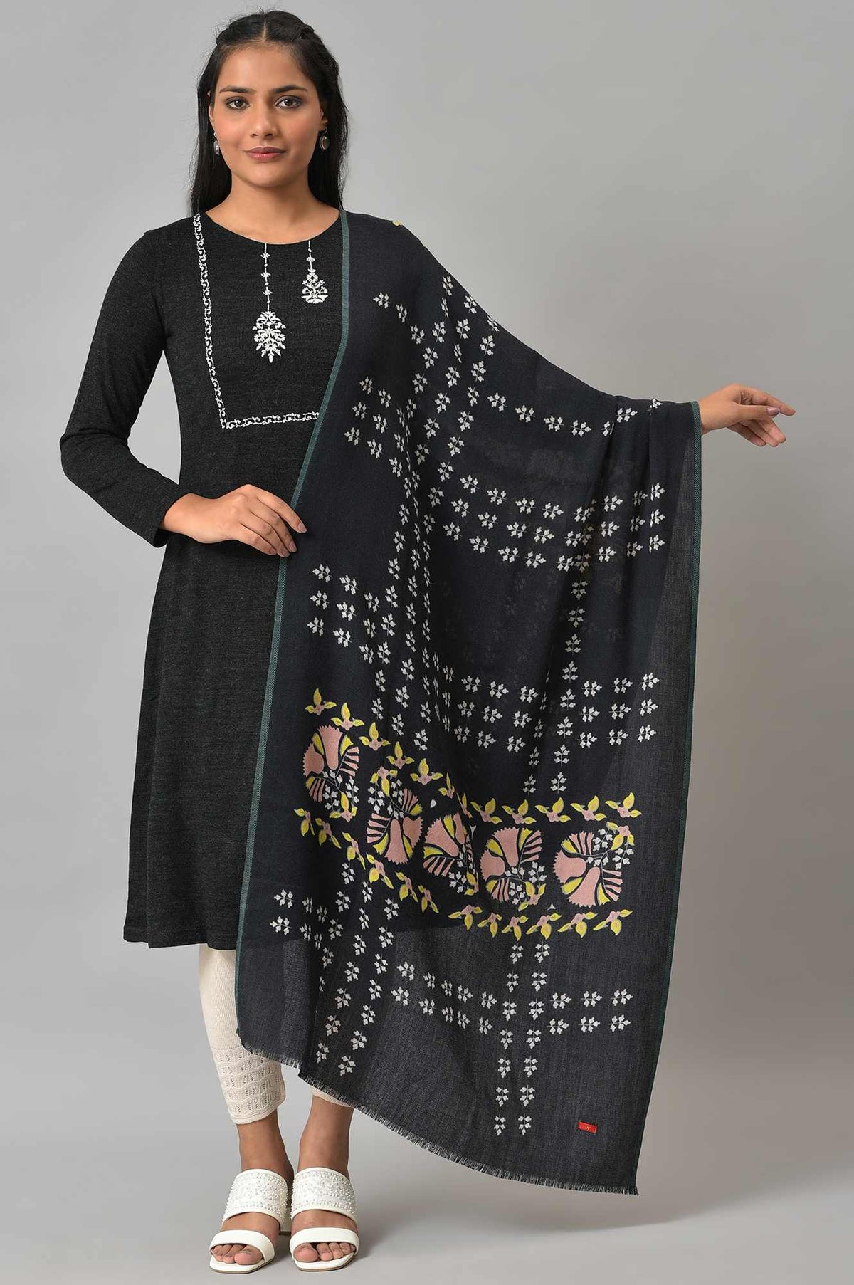 Black Floral Printed Shawl - FS