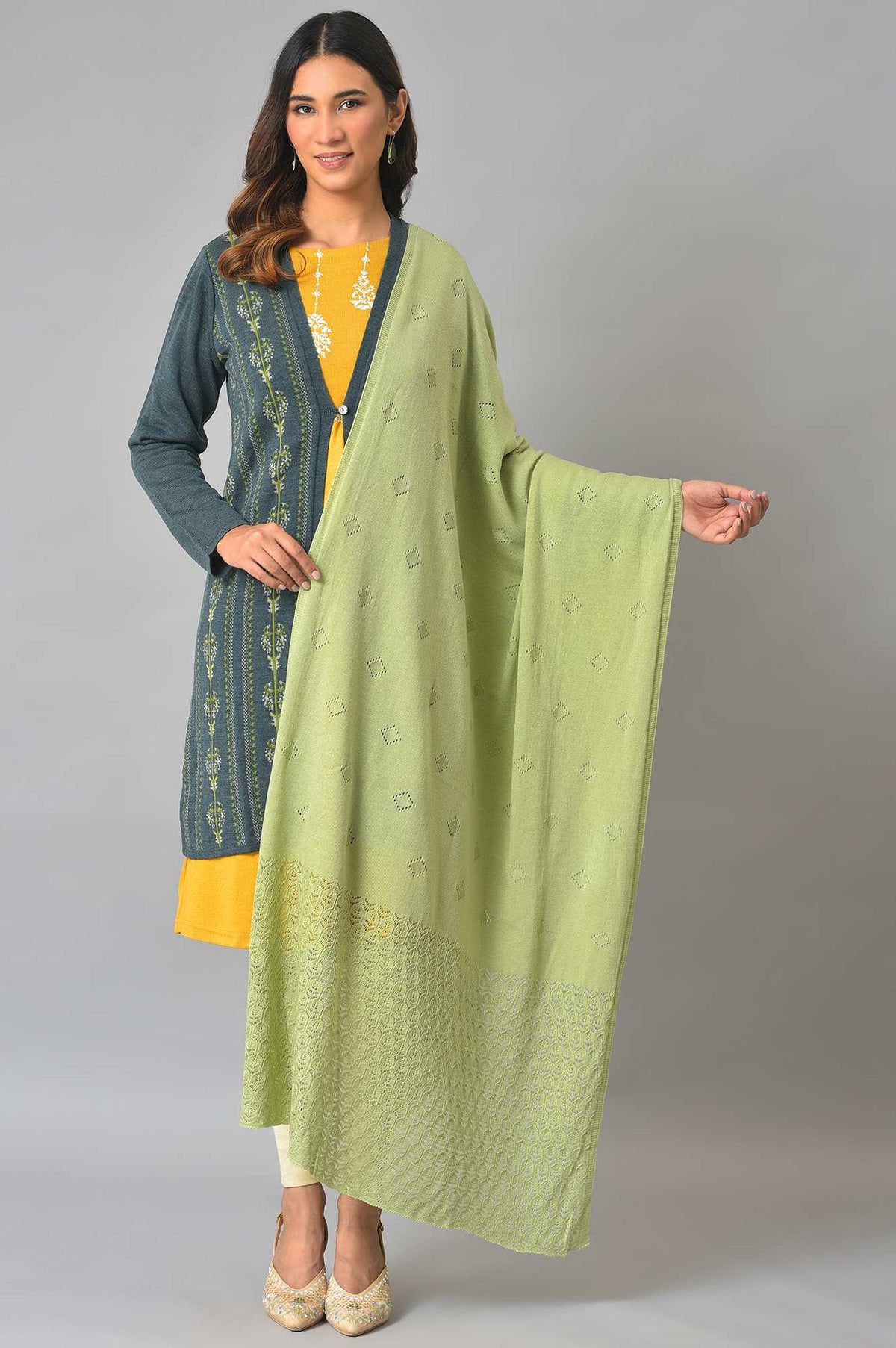 Light Green Pointel Knitted Shawl - FS