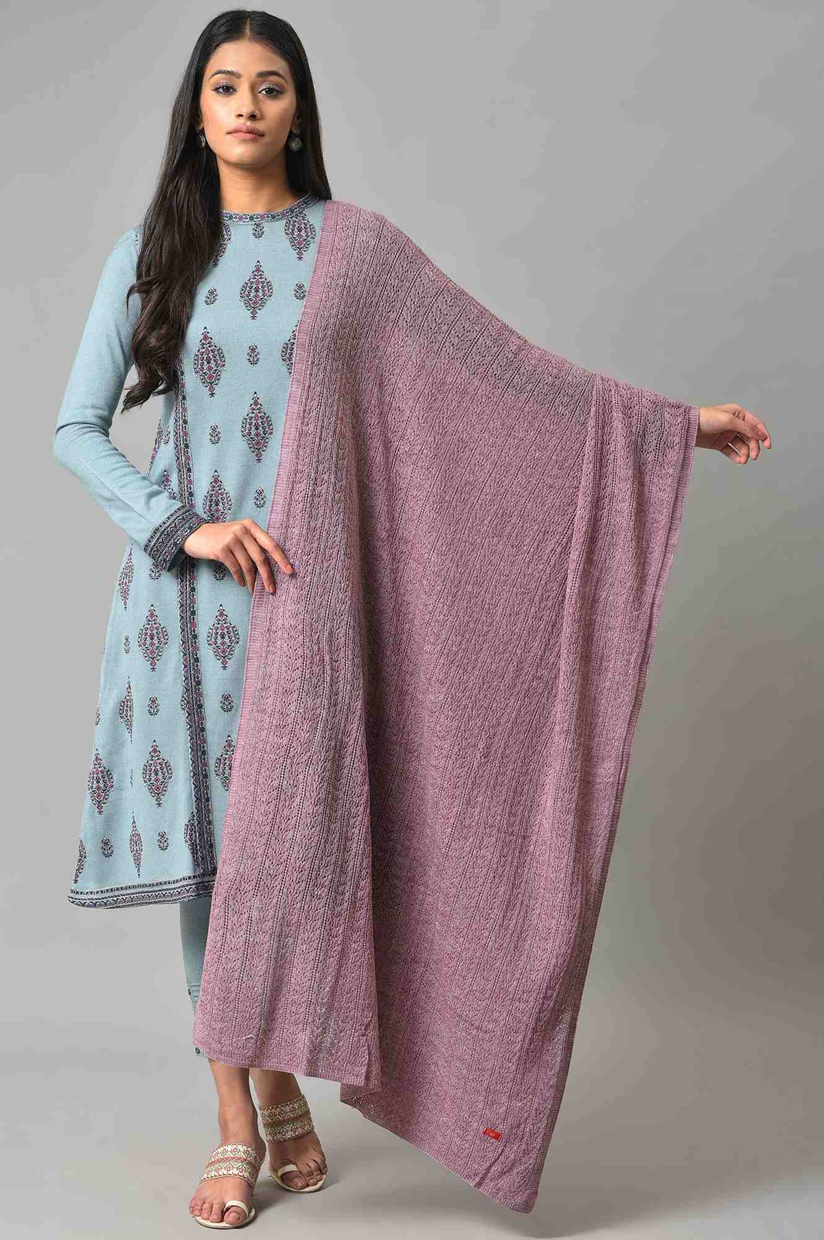 Light Purple Stripe Design Knitted Shawl - FS