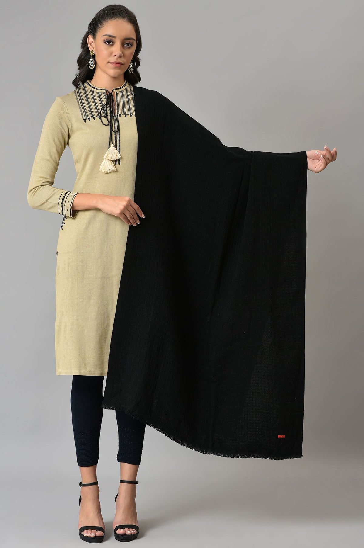 Jet Black Solid Winter Shawl - FS