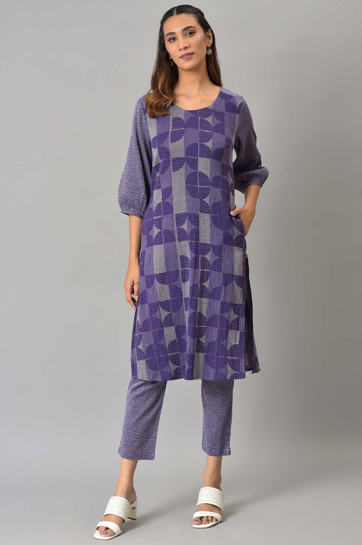 Purple Yarn-Dyed Crepe Jacquard Winter kurta - XS