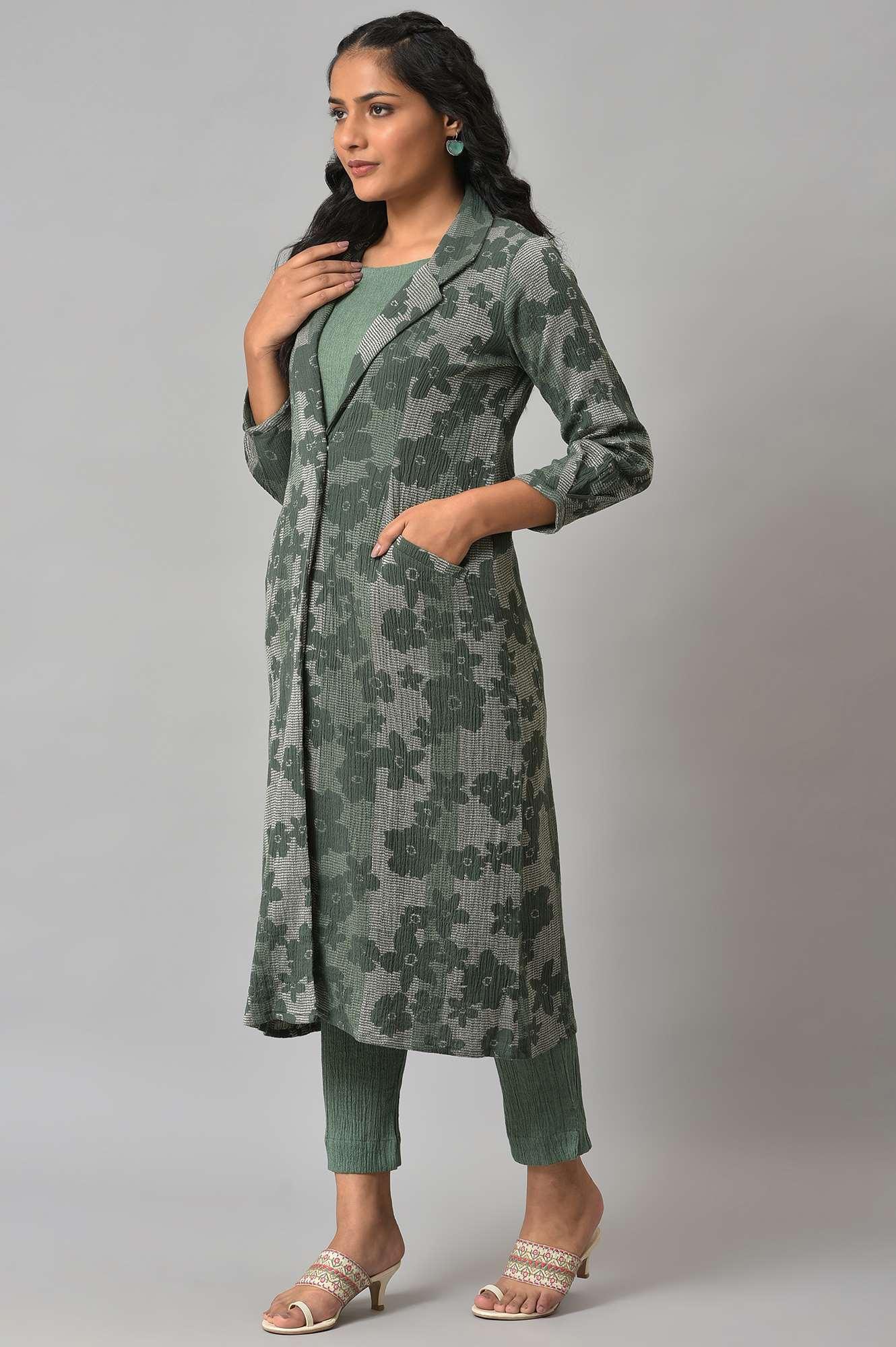 Green Printed Longline Jacket With kurta And Pants - wforwoman