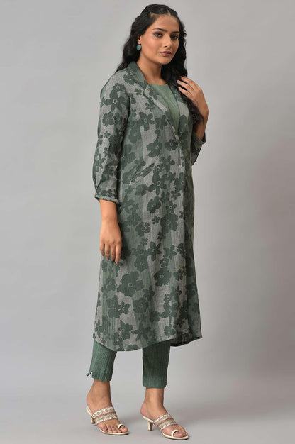 Green Printed Longline Jacket With kurta And Pants - wforwoman