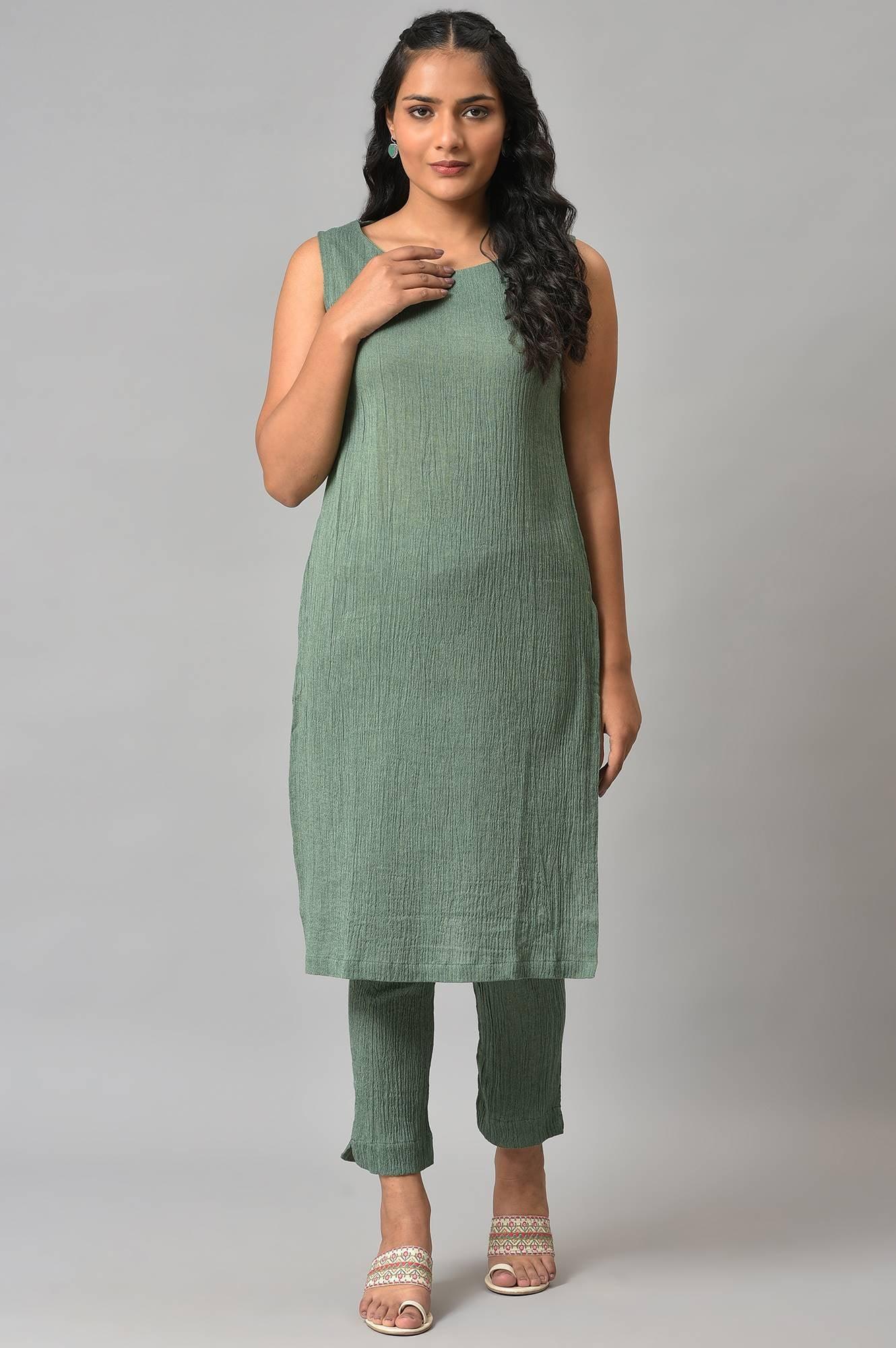 Green Printed Longline Jacket With kurta And Pants - wforwoman