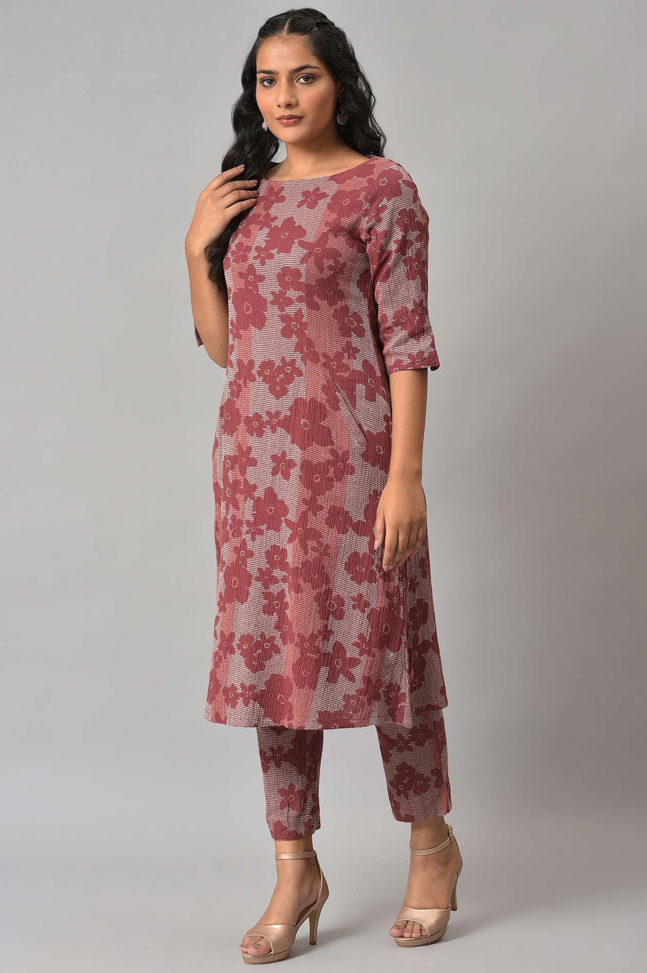 Brown Floral Printed kurta With Slim Pants - wforwoman