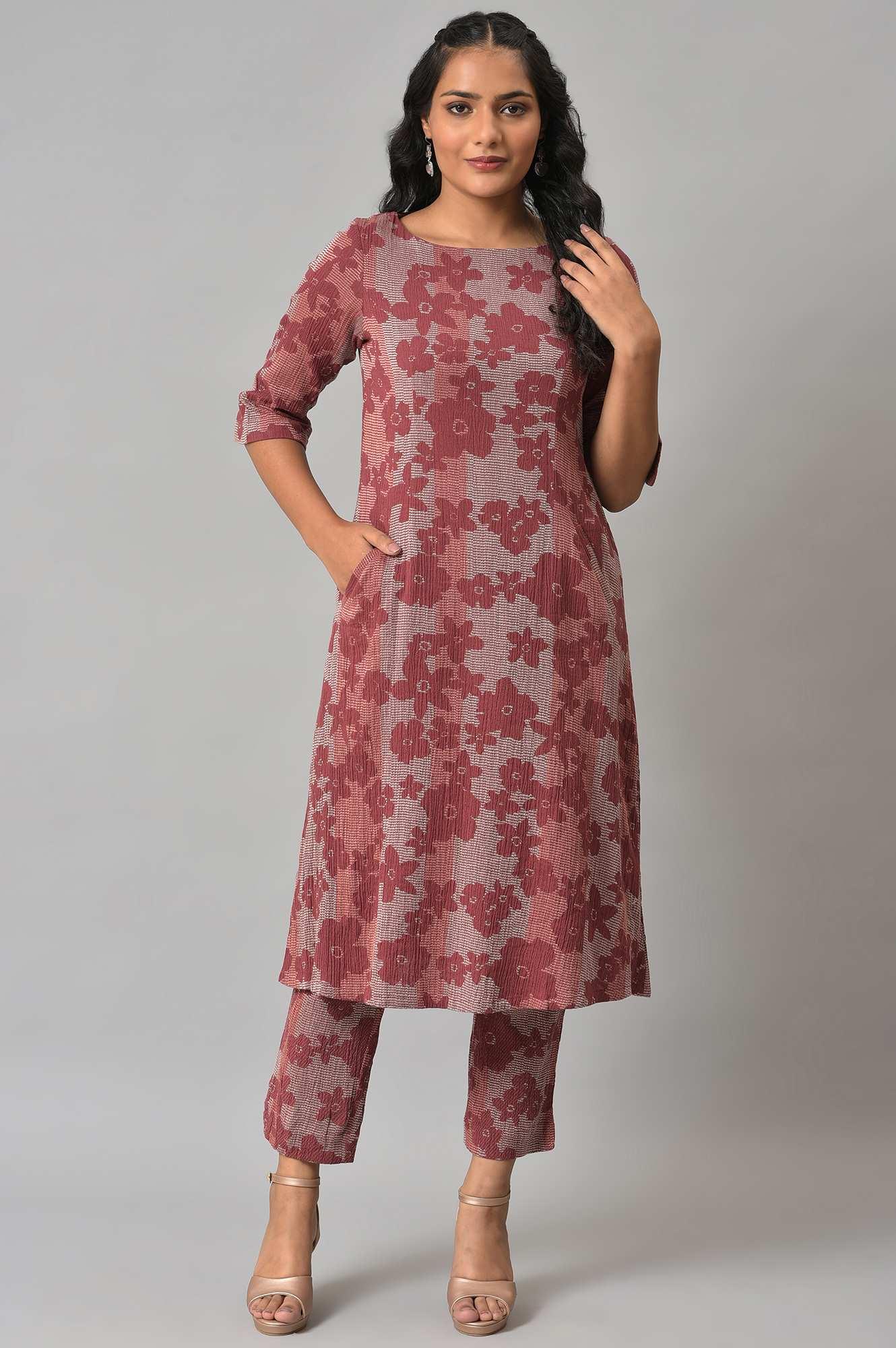 Brown Floral Printed kurta With Slim Pants - wforwoman